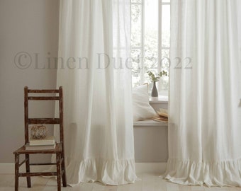 Farmhouse Curtains Linen Curtains, One Ruffled Linen Curtain Panel, Custom Curtains Semi - Sheer Linen, Ruffled Curtains with Rod Pocket