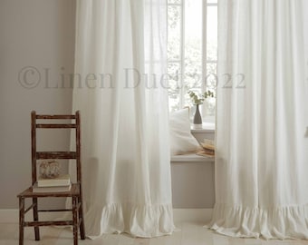 Farmhouse Linen Curtains with Ruffle, One Ruffled Linen Curtain Panel, Custom Curtains Semi - Sheer Linen, Ruffled Curtains with Rod Pocket