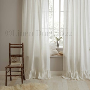 Farmhouse Curtains Linen Curtains, One Ruffled Linen Curtain Panel, Custom Curtains Semi - Sheer Linen, Ruffled Curtains with Rod Pocket