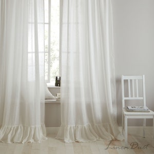 Linen Sheer Curtains with Ruffle, One Ruffled Curtain Panel, Lightweight Linen Cafe Curtains, Sheer Linen Curtain, Kitchen Linen Curtains