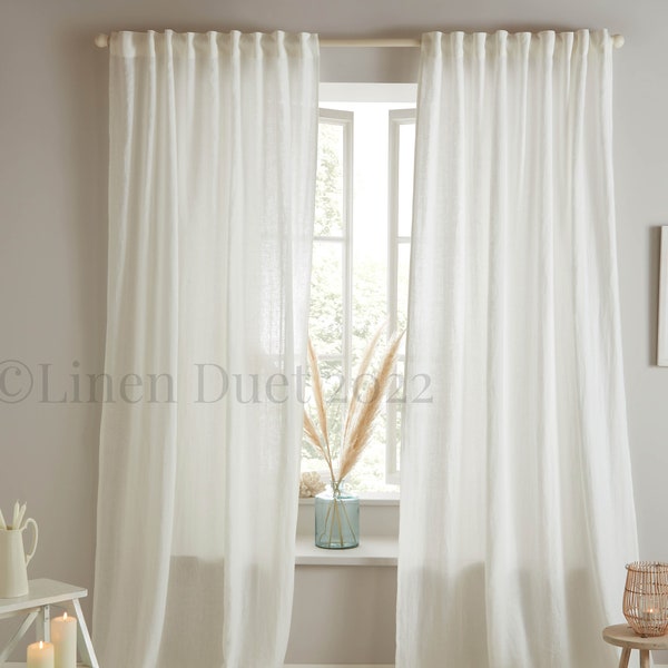 Linen Curtains with Back Tabs, One Linen Curtain Panel, Custom Curtains with Ikea Kronill Backtab Tape, Semi - Sheer Extra Long Curtains