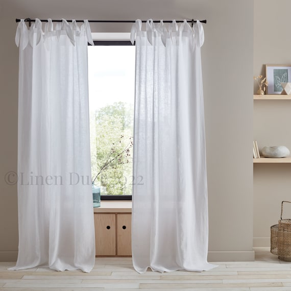 Linen Curtains with Bow Ties, Custom Curtains Natural Linen, White Linen Curtains, Semi-Sheer Curtains Home Decor, Extra-long Linen Curtains