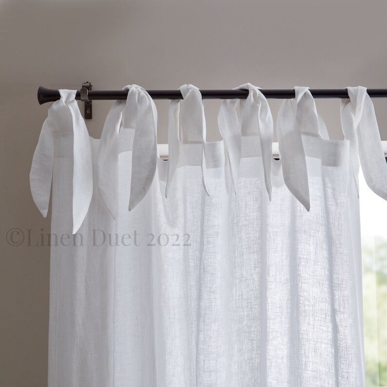 Linen Curtains with Bow Ties, Custom Curtains Natural Linen, White Linen Curtains, Semi-Sheer Curtains Home Decor, Extra-long Linen Curtains image 2