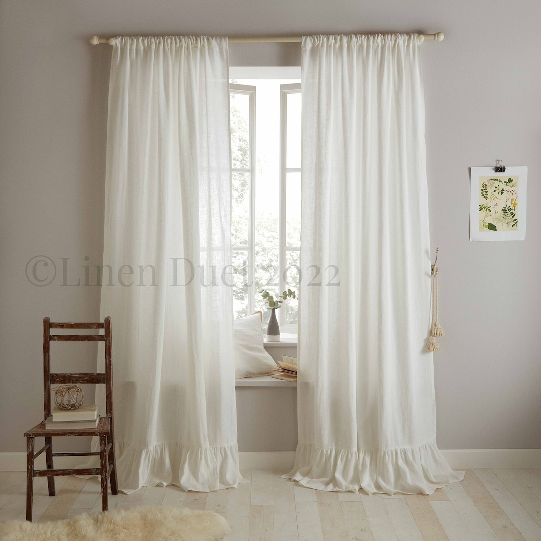Farmhouse Linen Curtains With Ruffle, One Ruffled Linen Curtain Panel ...