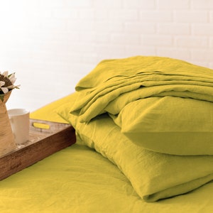 Yellow Linen Bedding Set 4 Pieces Fitted Sheet, Flat Sheet, 2 Pillowcases Toddler King / Queen / Twin / Full Crib Monogram Natural Linen image 3