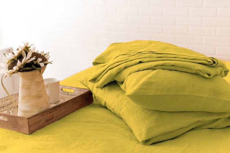 Yellow Linen Bedding Set 4 Pieces Fitted Sheet, Flat Sheet, 2 Pillowcases Toddler King / Queen / Twin / Full Crib Monogram Natural Linen image 3