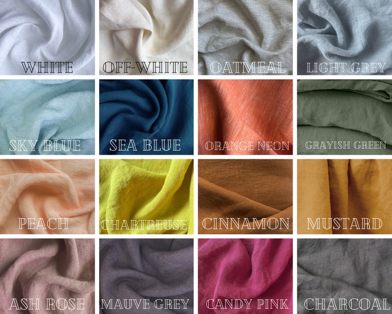 Puede incluir: Una colecci&oacute;n de 16 muestras de tela en varios colores, incluyendo blanco, blanco roto, avena, gris claro, azul cielo, azul marino, naranja ne&oacute;n, verde gris&aacute;ceo, melocot&oacute;n, chartreuse, canela, mostaza, rosa ceniza, gris malva, rosa chicle y carb&oacute;n.