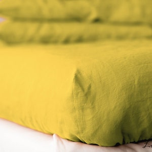 Yellow Linen Bedding Set 4 Pieces Fitted Sheet, Flat Sheet, 2 Pillowcases Toddler King / Queen / Twin / Full Crib Monogram Natural Linen image 4