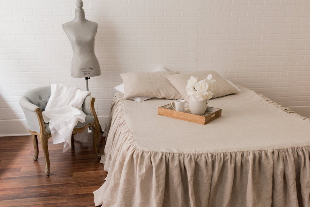 Linen Ruffled Bed Coverlet Linen Bedding Natural Flax Etsy