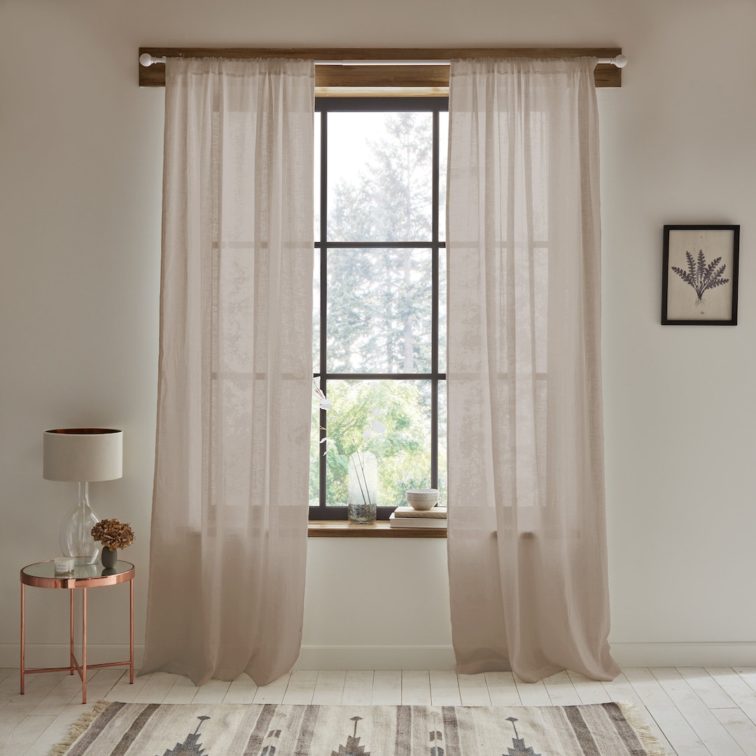 Cortinas de lino transparente color crema de 96 pulgadas de largo para sala  de estar, 2 paneles con bolsillo con pestaña trasera, suaves, naturales