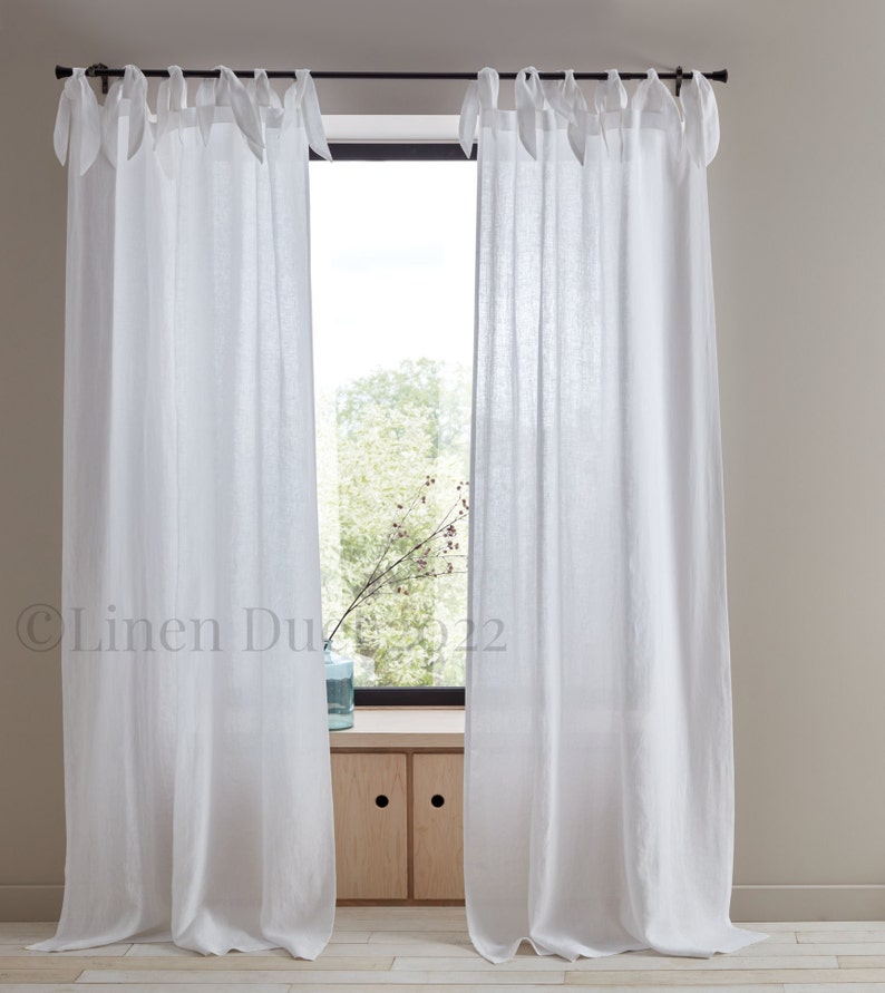 Linen Curtains with Bow Ties, Custom Curtains Natural Linen, White Linen Curtains, Semi-Sheer Curtains Home Decor, Extra-long Linen Curtains image 3