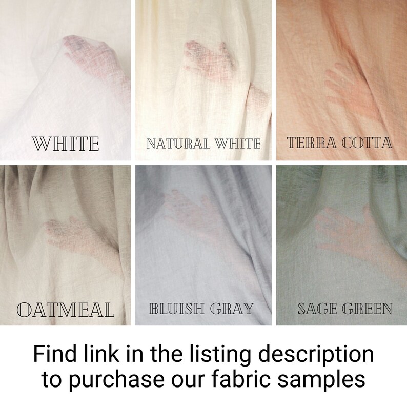 May include: Six fabric swatches in different colors: white, natural white, terra cotta, oatmeal, bluish gray, and sage green.  Find link in the listing description to purchase our fabric samples.
