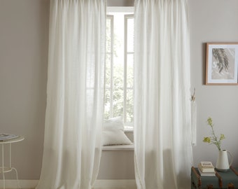 White Linen Curtains, Linen Curtains with Pom Pom Trim, One Curtain Panel, Custom Farmhouse Curtains, Extra Long Curtains, Cafe Curtains