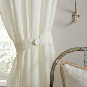 2 Curtain Tie Backs Natural Linen, A Pair of Tie Backs for Curtain Panels, Window Treatments Home Decor, Tie Backs with Button Bedroom Decor