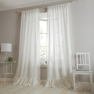 Linen Sheer Curtains with Ruffle, One Ruffled Curtain Panel, Lightweight Linen Cafe Curtains, Sheer Linen Curtain, Kitchen Linen Curtains
