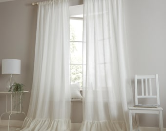 Linen Sheer Curtains with Ruffle, One Ruffled Curtain Panel, Lightweight Linen Cafe Curtains, Sheer Linen Curtain, Kitchen Linen Curtains