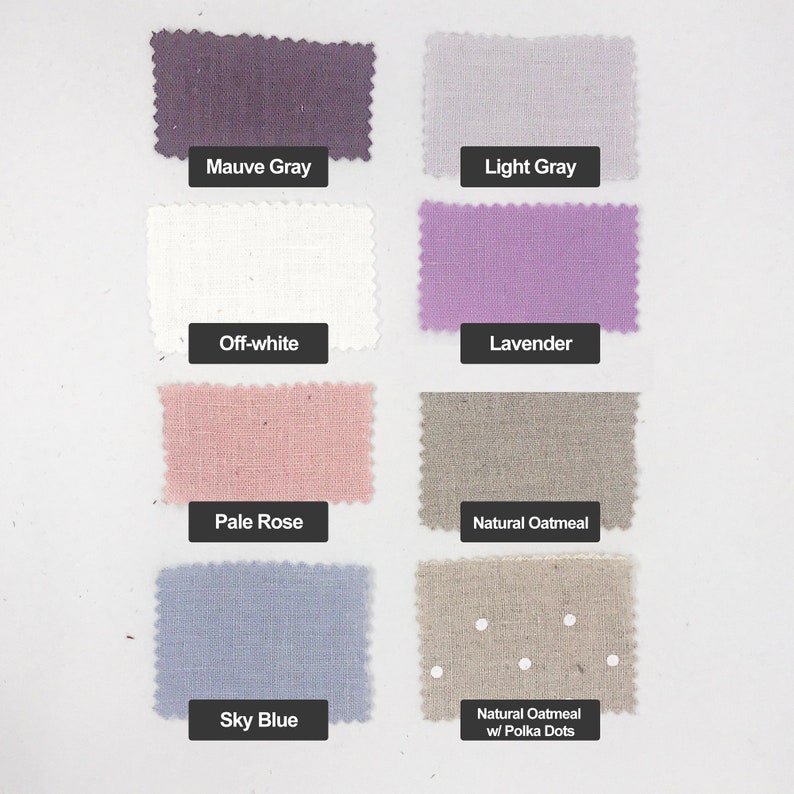 Puede incluir: Muestras de tela en varios colores, incluyendo gris malva, gris claro, blanco roto, lavanda, rosa p&aacute;lido, avena natural, azul cielo y avena natural con lunares.