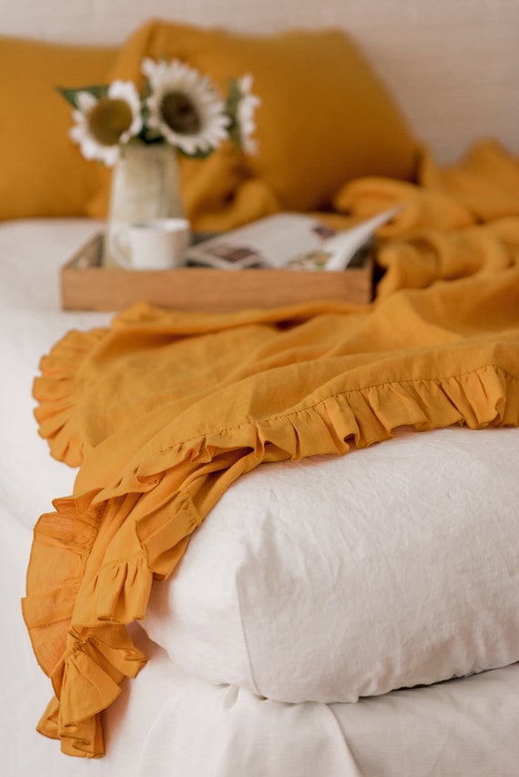 Ruffled Linen Flat Sheet Mustard White Oatmeal Blue Etsy