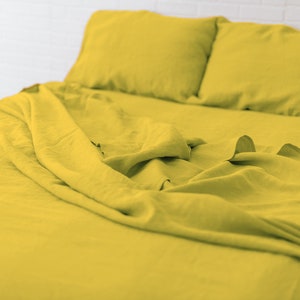 Yellow Linen Bedding Set 4 Pieces Fitted Sheet, Flat Sheet, 2 Pillowcases Toddler King / Queen / Twin / Full Crib Monogram Natural Linen image 2