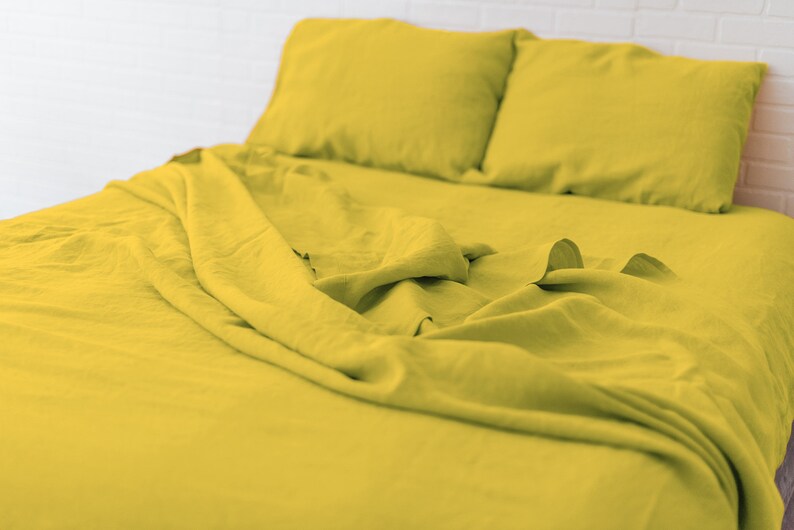 Yellow Linen Bedding Set 4 Pieces Fitted Sheet, Flat Sheet, 2 Pillowcases Toddler King / Queen / Twin / Full Crib Monogram Natural Linen image 2
