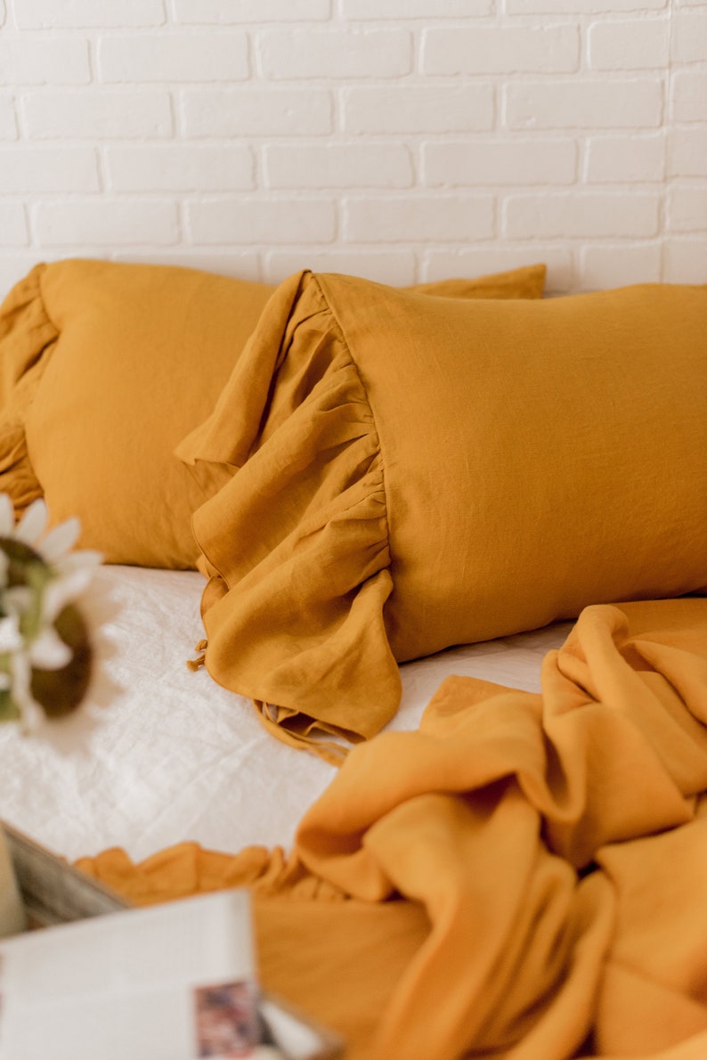 Set of 2 Linen Ruffled Pillowcases and Ruffled Flat Sheet Etsy