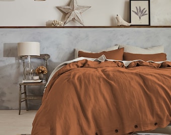 Linen Bedding Set with Button Closure in Cinnamon Color, Linen Duvet Cover and 2 Linen Pillow Cases, Bedding Set Queen, King, Full