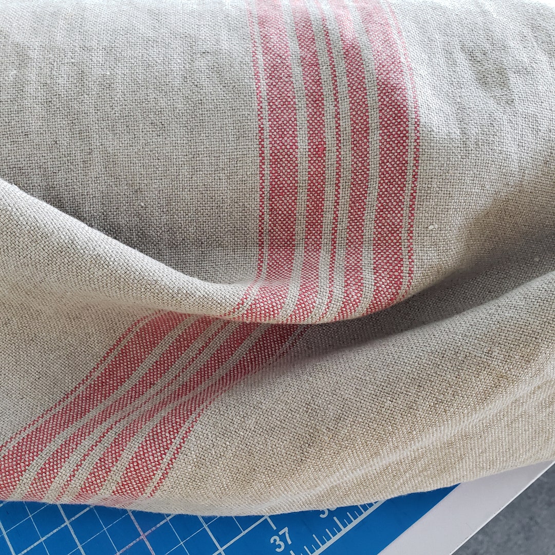 Upholstery Linen Heavy Weight, Gray Linen With Red Stripes, Decorative