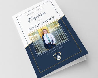LDS Boy Baptism Program Template Printable, Foldable Design: Blue and Gold (Corjl)