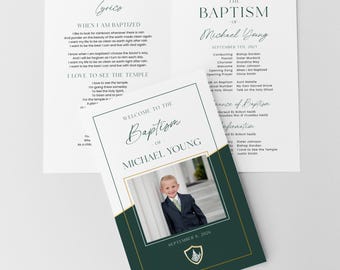 LDS Baptism Program Template Printable, Foldable Design : Boy Green and Gold (Corjl)