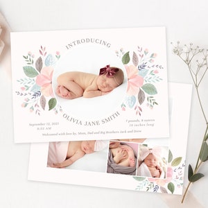 Modèle floral d’annonce de naissance de fille | Annonce des statistiques de naissance | Modèle d’annonce de naissance | Fille de carte d’annonce de naissance | Photoshop