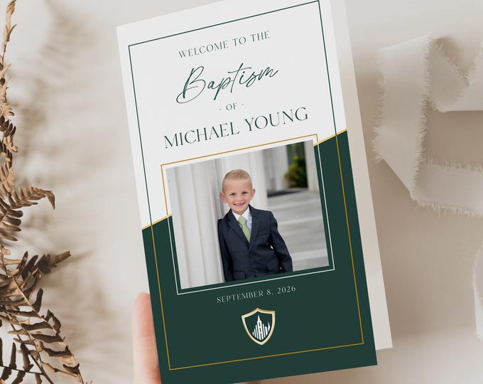 LDS Baptism Program Template Printable, Foldable Design : Boy Green and Gold (Corjl)