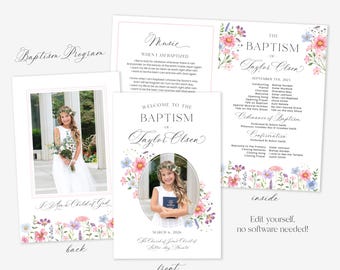 LDS Baptism Program Template Printable, Foldable Design : Floral Gir