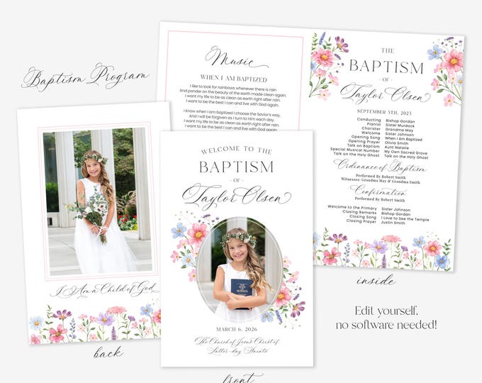 LDS Baptism Program Template Printable, Foldable Design : Floral Gir