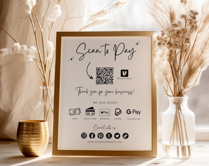 Scan-to-Pay QR Code Template, Customizable Scan-to-Pay Card Sign, Canva, Small Business Printable Venmo Payment Option, PayPal, Cash App