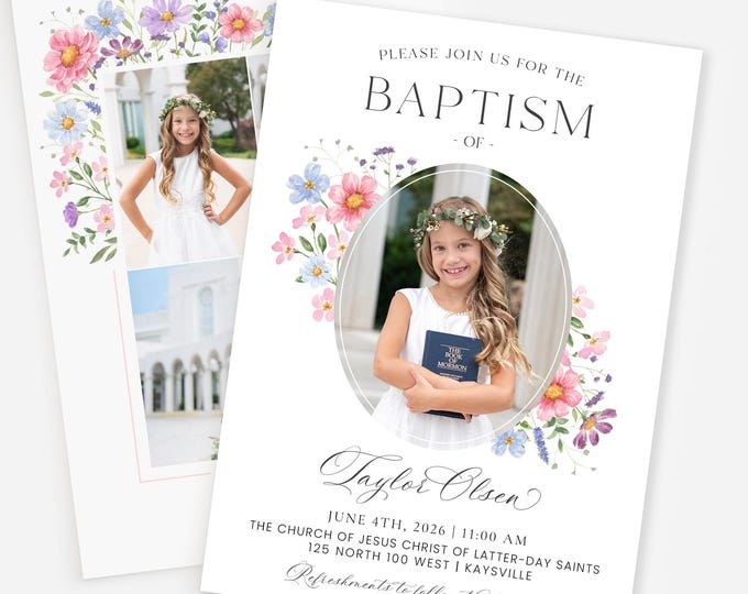 Floral LDS Baptism Invitation Template | Editable Girl Baptism Invite (Instant Download)