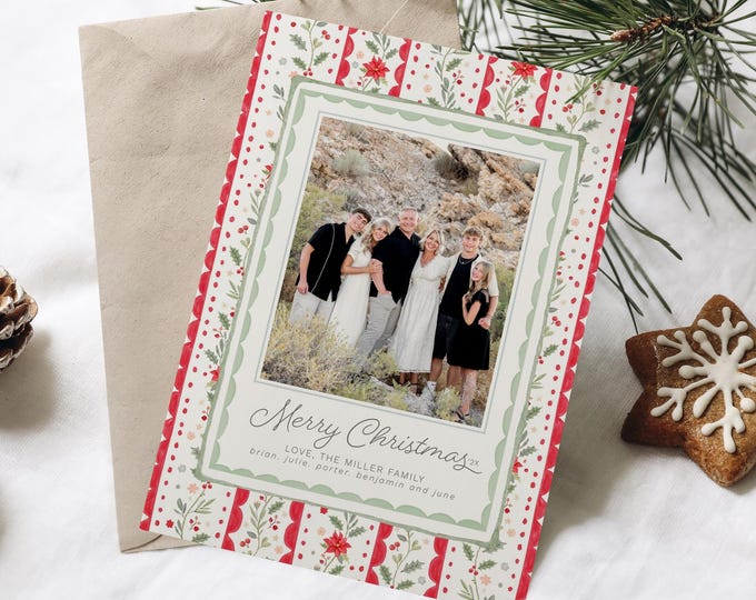 Watercolor Poinsettia Christmas Photo Card, Editable Family Holiday Greeting, Scalloped Border Canva Template
