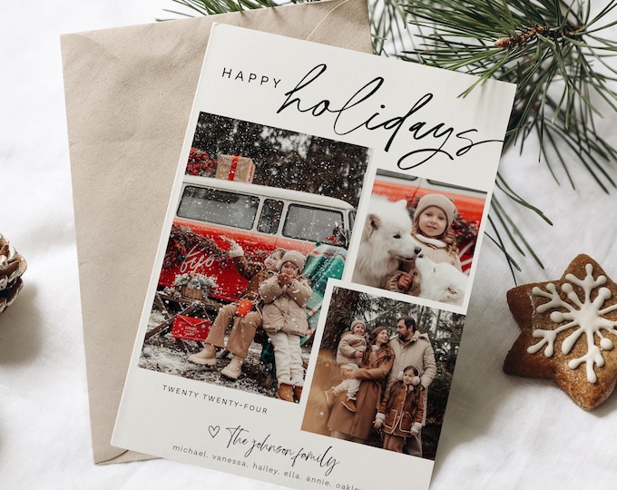 2024 Boho Minimalist Christmas Card Template Christmas Cards Holiday Card Template Custom Modern Photo Card Holiday Template Year in Review
