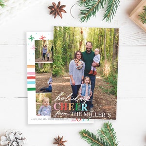 May include: A Christmas card featuring a family of four in a forest setting. The card has a collage of photos with a colorful striped pattern and snowflakes. The text reads "holiday cheer from the Miller's 2017".