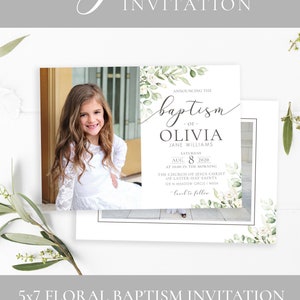May include: A 5x7 floral baptism invitation with a photo of a young girl in a white dress. The invitation is decorated with green leaves and white flowers. The text on the invitation reads "Announcing the baptism of Olivia Jane Williams, Saturday, August 8, 2020, at 10:00 in the morning, The Church of Jesus Christ of Latter-day Saints, 123 N Meadow Circle I Mesa, Lunch to follow."