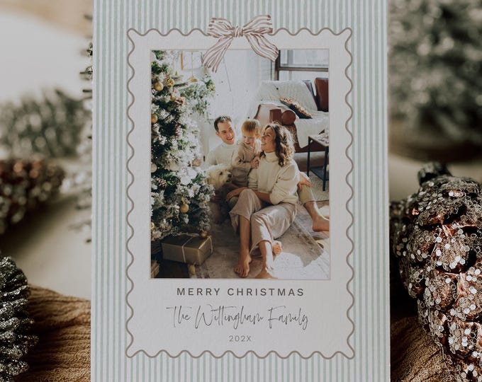 Green Stripe Family Photo Holiday Card Template, Scalloped Frame, Vintage Canva Design