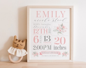 Girl Baby Stats Sign | Nursery Stats Wall Art | Birth Announcement Print | Nursery Decor | Newborn Printable | Personalized Baby Gift