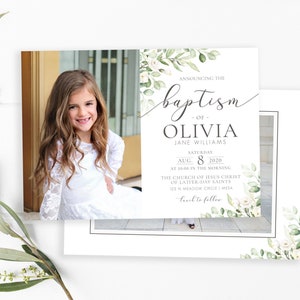 May include: A white baptism invitation with a floral design and a photo of a young girl. The invitation announces the baptism of Olivia Jane Williams on August 8, 2020, at 10:00 am at The Church of Jesus Christ of Latter-day Saints in Mesa, Arizona.
