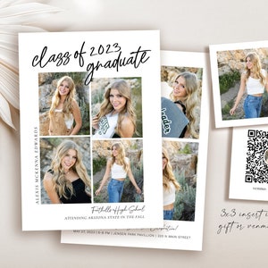 May include: A graduation announcement for Alexis McKenna Edwards, class of 2023. The announcement features a collage of photos of Alexis, the text "class of 2023 graduate", and information about her graduation ceremony and future plans. It also includes a QR code for a venmo registry.
