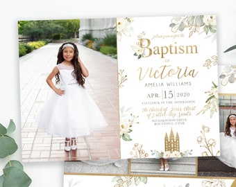 Floral LDS Baptism Invitation Girl: Gold Watercolor (Corjl)