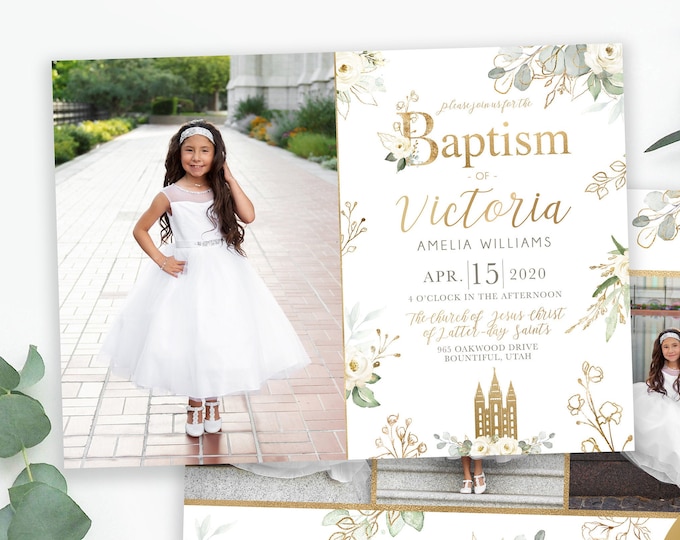 LDS Baptism Invitation Girl | Girl Floral Baptism Invitation | LDS Baptism Invitation | Baptism Invitations | Gold Floral Baptism | Corjl