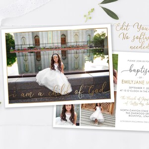 May include: A baptism invitation with a photo of a young girl in a white dress in front of a temple. The text on the invitation reads "Please join us for the baptism of Emily Jane Miller, September 7, 2019 at 10 o'clock in the morning, The Church of Jesus Christ of Latter-day Saints, North Canyon Stake Center, 965 Oakwood Drive, Bountiful, Utah, Luncheon following the baptism."