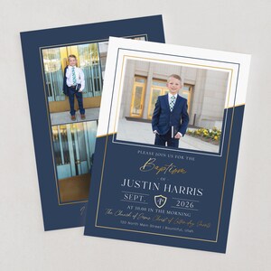 May include: Navy blue baptism invitation with a gold border and text. The invitation includes a photo of a young boy in a suit. The text reads "Please join us for the Baptism of Justin Harris, Sept. 2026."