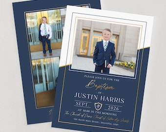LDS Baptism Invitation Boy Blue and Gold: Photo Template (Digital Template)