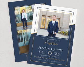 LDS Baptism Invitation Boy Blue and Gold: Photo Template (Digital Template)