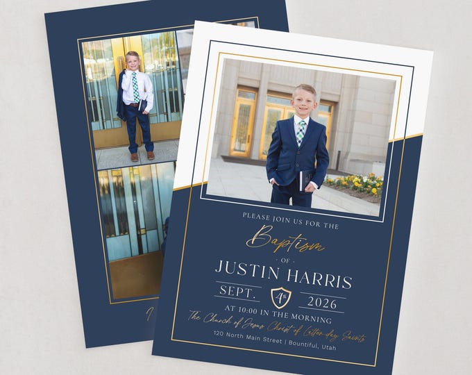 LDS Baptism Invitation Boy Blue and Gold: Photo Template (Digital Template)